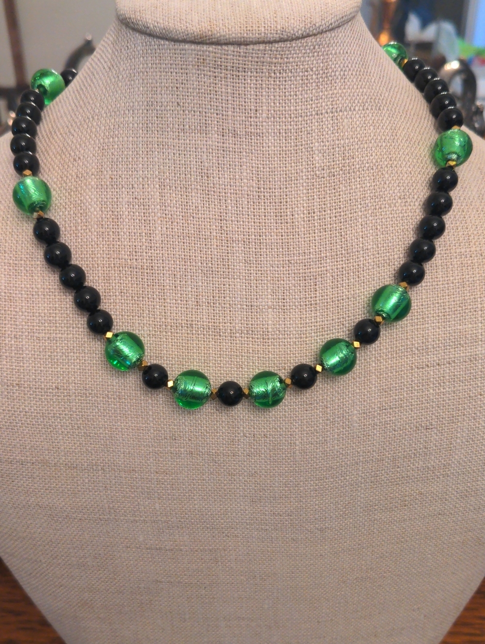 New Green Art Glass & Black Onyx  Beaded Necklace, Choker, 17"+2"